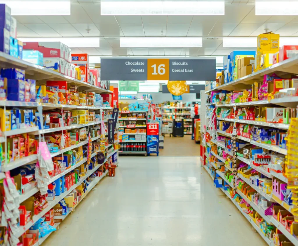 Grocery store aisle stocked with snacks and packaged foods