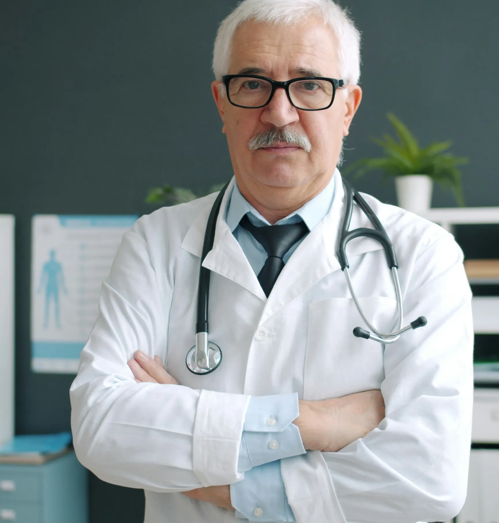 Doctor wearing a white coat and stethoscope